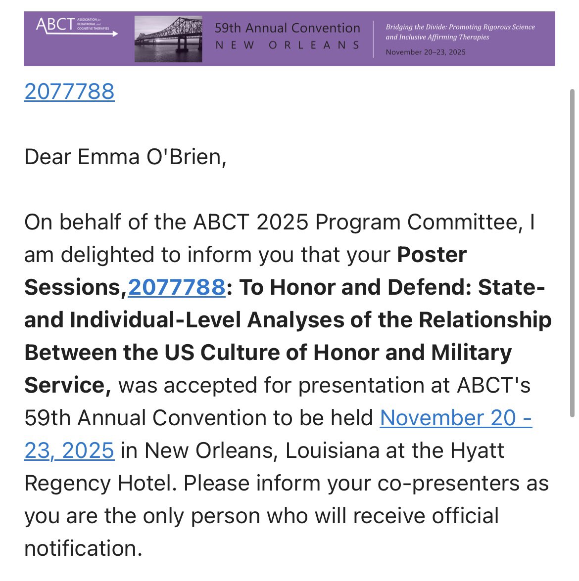 obrien_emj's tweet image. My two first-author posters were accepted to present at @ABCTNOW in New Orleans in November! 🥳 Looking forward to meeting more folks down in the big easy!!