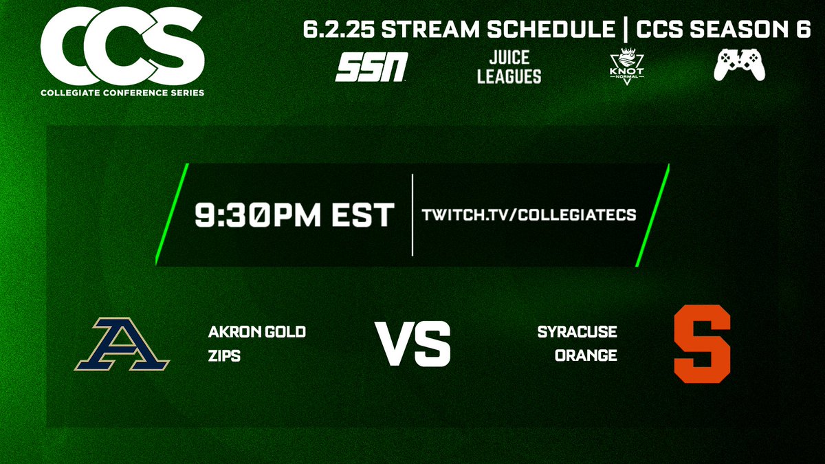 Collegiate Conference Series (@collegiateccs) on Twitter photo WE ARE LIVE WITH A TOP 2 CLASH!
#1 <a href="/ZipsEsports/">Akron Esports</a> ๐ <a href="/Cuse_Esports/">Syracuse Esports</a>
โฐ9:30pm EST
๐๏ธ <a href="/NationRL_/">Logan Lewis</a>
๐๏ธ <a href="/TheRLFox/">Fox</a>
๐twitch.tv/collegiatecs WE ARE LIVE WITH A TOP 2 CLASH!
#1 <a href="/ZipsEsports/">Akron Esports</a> ๐ <a href="/Cuse_Esports/">Syracuse Esports</a>
โฐ9:30pm EST
๐๏ธ <a href="/NationRL_/">Logan Lewis</a>
๐๏ธ <a href="/TheRLFox/">Fox</a>
๐twitch.tv/collegiatecs