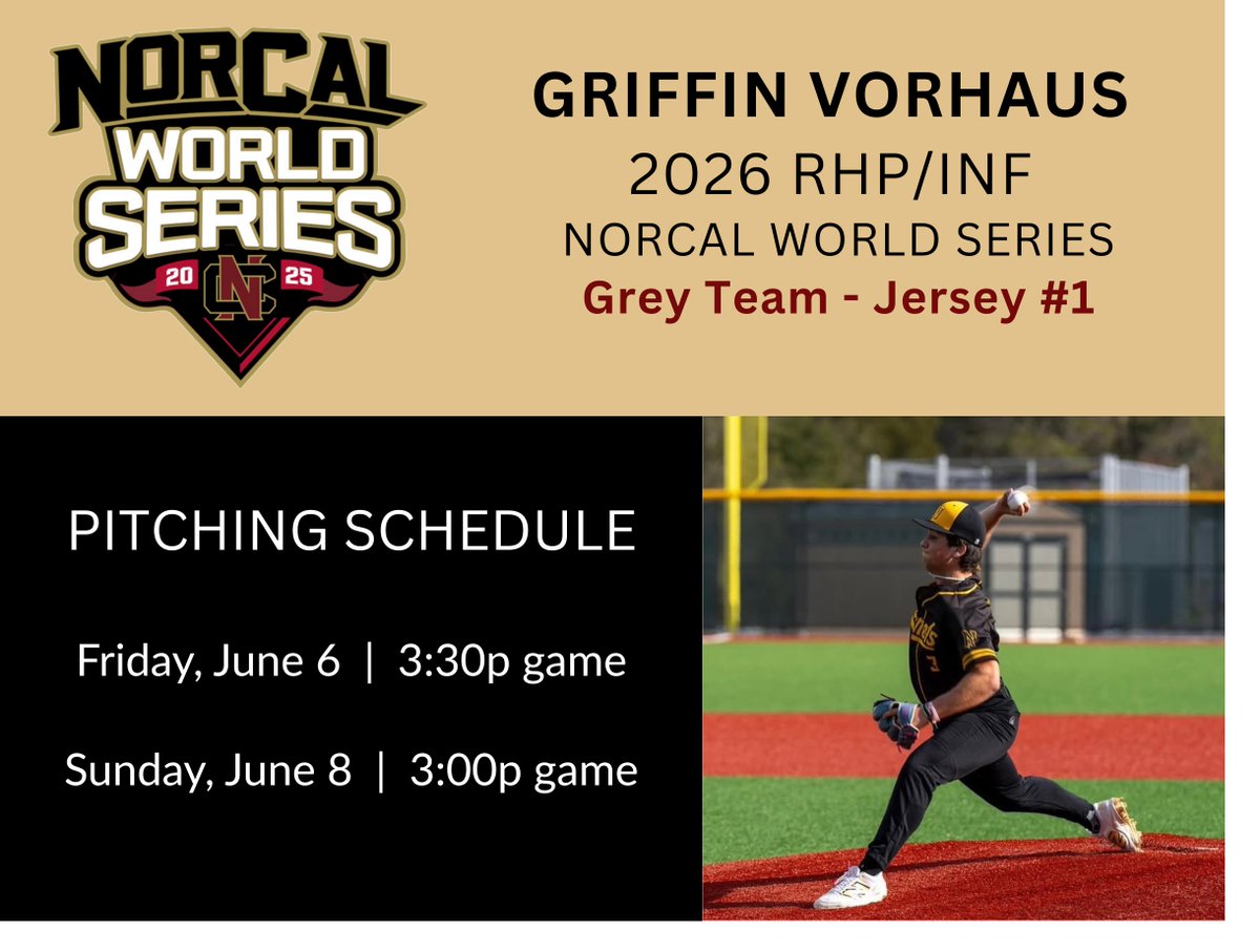 Looking forward to the NorCal World Series this weekend. Here's my game schedule. I'll be 2nd in the Pitching rotation both days.  
<a href="/NorCalBaseball/">Tony Crivello</a> <a href="/NorCalU1/">NorCalU</a>
