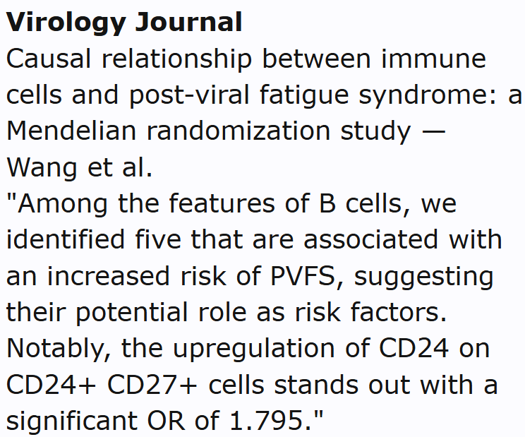 TomKindlon's tweet photo. "Among the features of B cells, we identified five that are associated with an increased risk of PVFS, suggesting their potential role as risk factors."
https://t.co/QOjwAklOsM
Screenshot from the Science for ME weekly update
#MEcfs #PVFS
1/ https://t.co/85XxsbtpAP