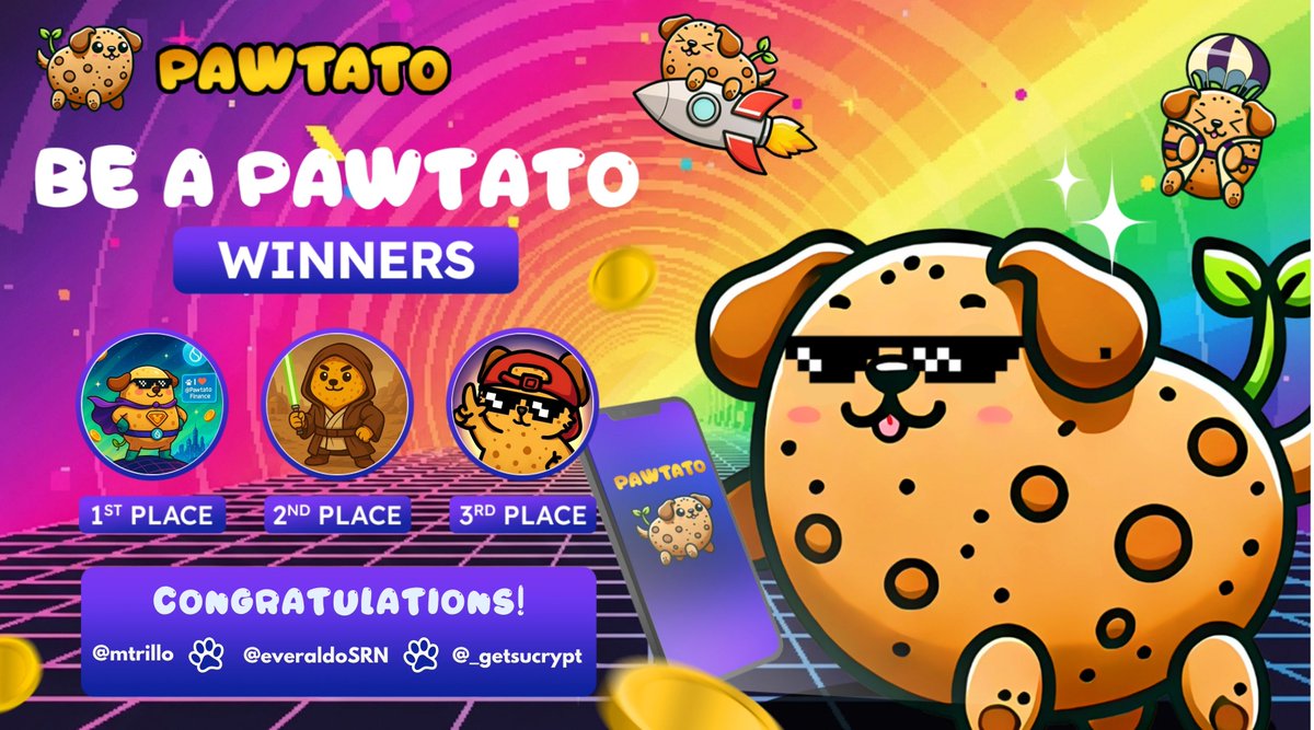 🐾 #WeArePawtato Winners Are In! 🐾

The land’s been worked, the tales been told , and the pawsome legends now ride tall!

🏆 TOP 3 WINNERS 🏆

 🥇 1st Place - <a href="/mtrillo/">mto 「🦑」 🦭/acc</a>  
 🥈 2nd Place - <a href="/everaldoSRN/">everaldo.art (✸,✸)</a> 
 🥉 3rd Place - <a href="/_getsucrypt/">mei 🎀 ⌘🛠️</a>  

👇 (Thread)