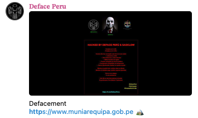 _venarix_'s tweet photo. 🚨 The #hacker group #DefacePeru has defaced the official website of the Provincial Municipality of #Arequipa, #Peru 🇵🇪 (@arequipamuni).
@GobiernoPeru_
Stay informed, monitor cyber threats, and sign up for free on #VenariX 👉 https://t.co/bgVoqcEHEN
#CyberAttack #WebsiteDefacement #ArequipaMuni #infosec #CyberSec #Ciberseguridad #Lima #Peru