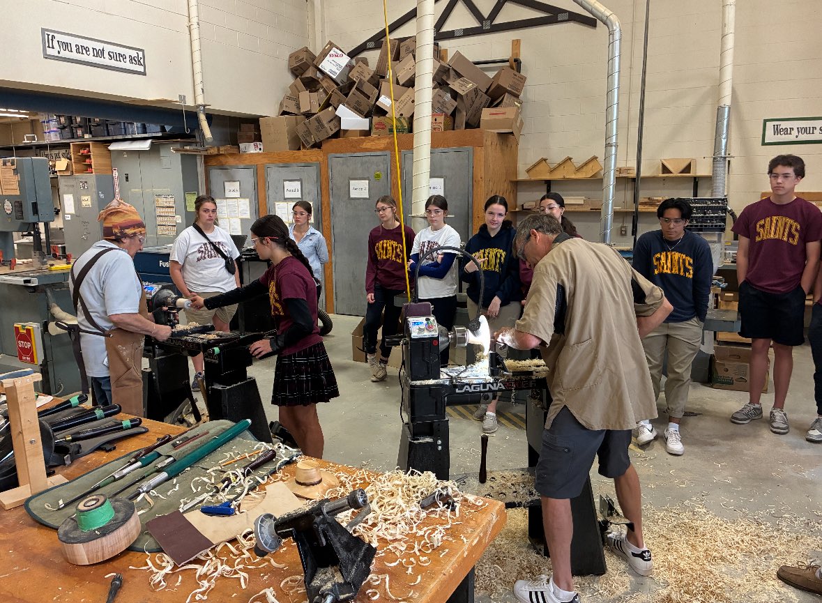 Jim &amp; Sylvia from the Kawartha Woodturners Guild came in to demonstrate some different turning techniques to our Grade 11 woodworking class. A fantastic opportunity for our students. @pvnccdsb #BeingCommunity