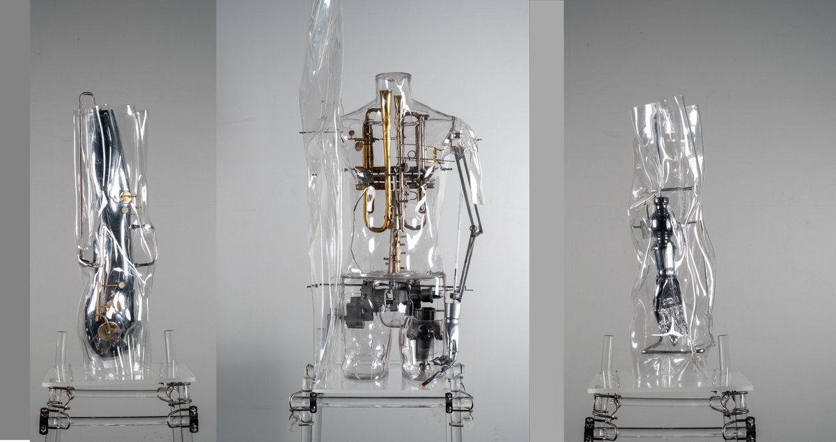Tsinghua_AAD's tweet photo. Huang Renyu @Tsinghua_AAD's #GraduateExhibition features "Light Erosion", acrylic & metal exploring tech's impact on the body and time, and "The Color of Space", a reflective steel figure examining human presence through shifting light. #Sculpture #TechArt #GraduateSeason https://t.co/0QLFtnrRq0