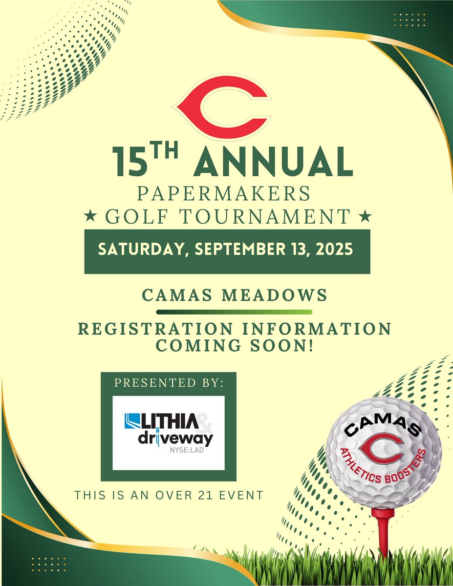 Save the Date! Give yourself something to look forward to in Fall. Registration information coming soon. Our 15th Annual Papermakers Golf Tournament set for Saturday, September 13th, 2025 will be another one for the books. #rollmakers #fore #camasmeadows #camasboosters