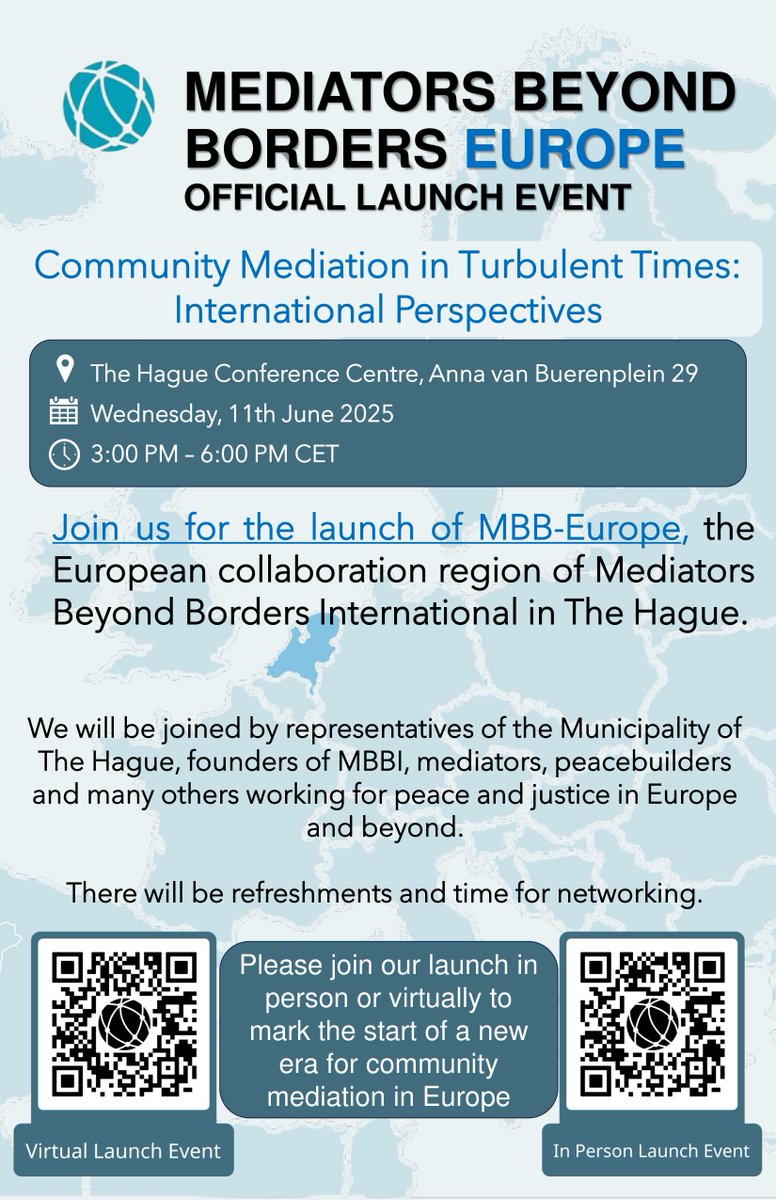 We are delighted to invite you &amp; your colleagues to celebrate the launch of MBB-Europe. Please join us in person or virtually on Wednesday, 11 June 2025 between 3 PM and 6 PM CET to officially launch the establishment of our MBBI in Europe.

Register here: mediatorsbeyondborders.org/event/mbb-euro…