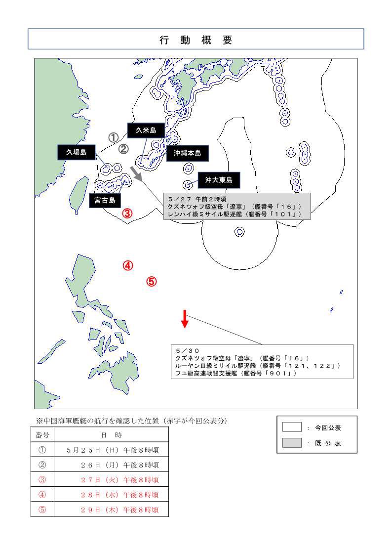 5／27～29、中国海軍クズネツォフ級空母「遼寧」を含む複数の中国