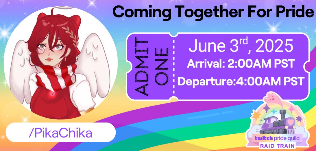 PikaChika702's tweet photo. All aboard! ๐Iโm part of the Twitch Pride Guild Raid Train! My stop will be from 2AM-4AM PST. We will be playing Marvel Rivals with our Pika Peeps Community!!
Full Lineup: https://t.co/FXNnqp91U2 #TwitchUnityGuilds #PrideGuildRaidTrain https://t.co/VwnFSIpwmT