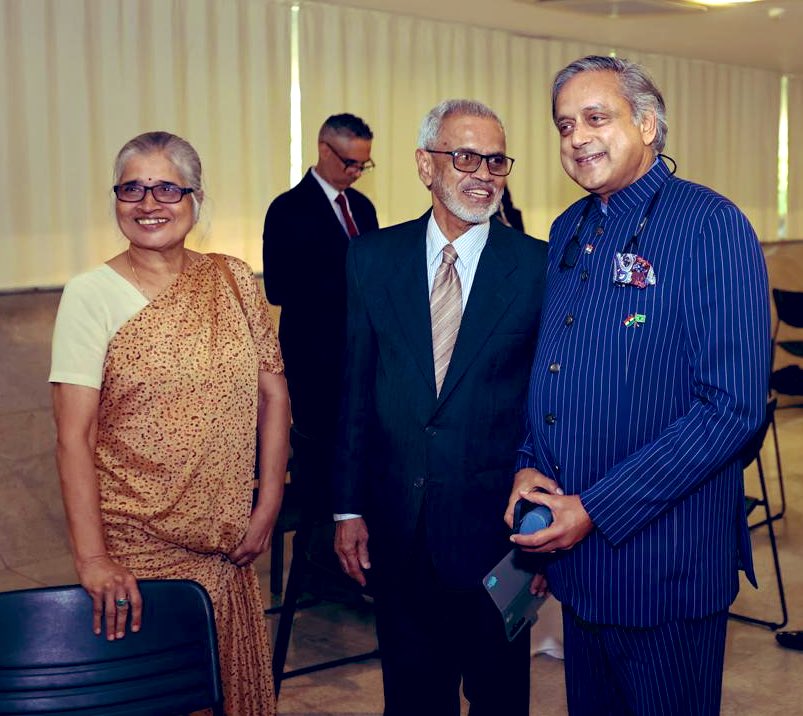 ShashiTharoor's tweet photo. At the Ambassador’s lunch, had the great pleasure of meeting two venerable academic couples who have each held India’s flag aloft in the Brazilian capital for more than half a century: Prof Vijayendra Kumar and his wife Devi, who herself taught Hindi to Brazilians; and Prof Haridas and his wide Padmaja, who hail from Palakkad district and have seen my ancestral home on a visit to Kollengode! (which explains the extra pix of them). 

Prof Kumar explained that aside from the diplomats, there are only five Indian families in Brasilia’s 4 million population, something i find impossible to believe!