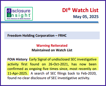 Disclosure Insight® (@direports) on Twitter photo <a href="/muddywatersre/">MuddyWatersResearch</a> Freedom Holding - one of the dirtiest, most troubled companies we cover. Undisclosed SEC investigation at $FRHC since Oct-2021, repeatedly confirmed as ongoing since.
A wide array of problems also found, all noted in our Watch List, at disclosureinsight.com for free. <a href="/muddywatersre/">MuddyWatersResearch</a> Freedom Holding - one of the dirtiest, most troubled companies we cover. Undisclosed SEC investigation at $FRHC since Oct-2021, repeatedly confirmed as ongoing since.
A wide array of problems also found, all noted in our Watch List, at disclosureinsight.com for free.