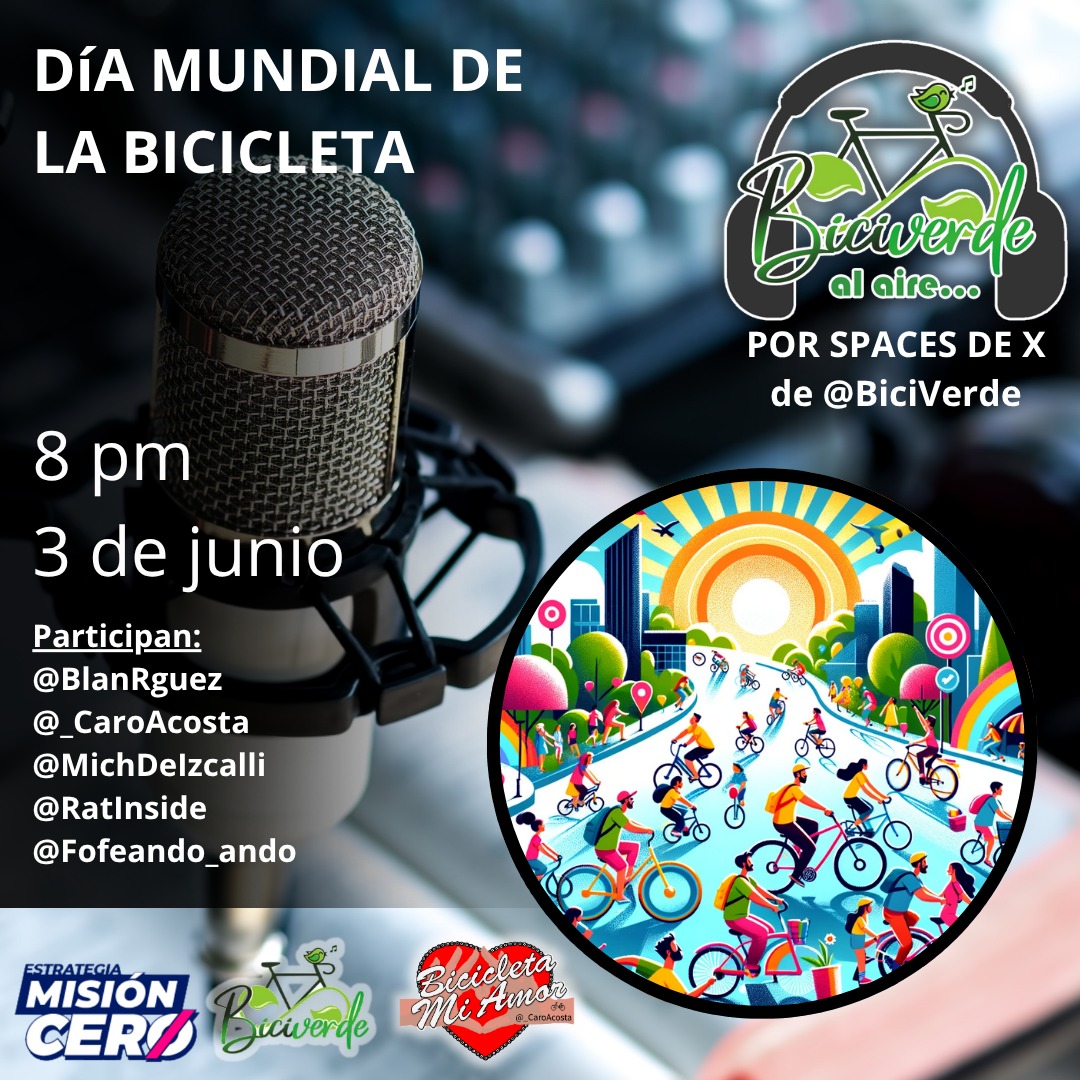 El 3 de Junio #DíaMundialDeLaBicicleta, decretado por la <a href="/ONU_es/">Naciones Unidas</a> día en el que se hace visible el avance en las políticas dedicadas a este medio de transporte. Te invitamos a compartir tus vivencias en #BiciverdeAlAire 
Martes 8:00 pm click aquí: x.com/i/spaces/1vOxw…
