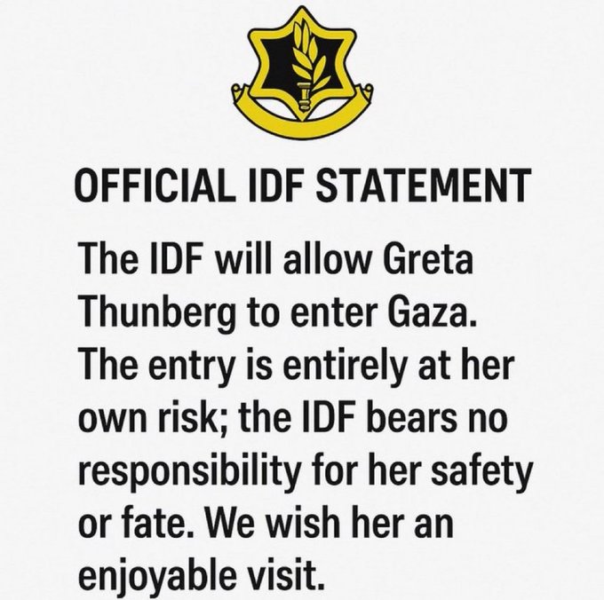 📰Greta Thunberg 22, joins aid ship sailing to Gaza aimed at breaking Israel’s blockade
🗒️It would be a great shame if Hamas decided to take Greta hostage or if she got stuck in Gaza for a long amount of time.