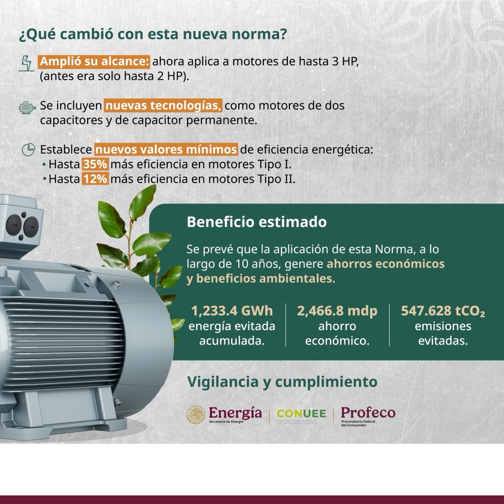 👉🏼 Conoce la actualización a la NOM-014-ENER-2025 para establecer los límites mínimos de #EficienciaEnergética de motores eléctricos publicada este lunes en el <a href="/DOF_SEGOB/">Diario Oficial DOF</a>.