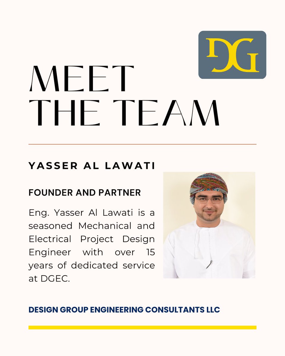DgconME's tweet photo. Meet Eng. Yasser Al Lawati –  our partner, co-founder, and #MEP Manager at DGEC.

Eng. Yasser Al Lawati is a seasoned #Mechanical and Electrical Project Design #Engineer with over 15 years of dedicated service at #DGEC. https://t.co/T5zPVNLikg