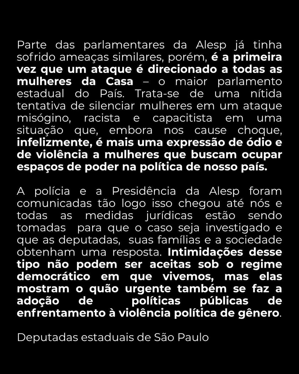 Não vão calar nossa voz. 
Eu sei o que é isso. Já passei por violência política de gênero em 2020 quando entrei pra política. Foram muitos ataques, inclusive um atentado. 
Não ao ódio. 
Não às ameaças.
