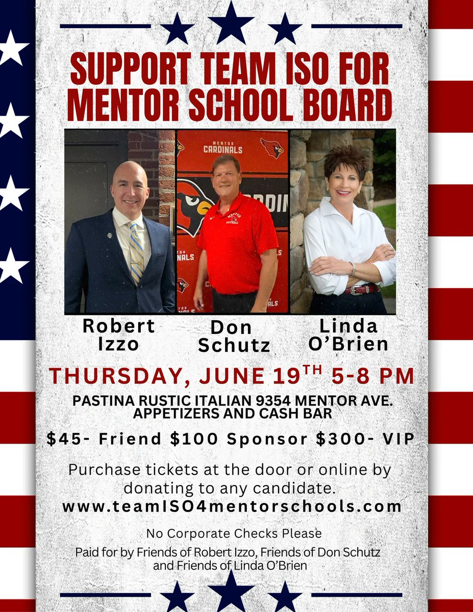 Hey Mentor, Ohio residents! School board elections in November. Three seats open. Three excellent conservative candidates running. teamiso4mentorschools.com
