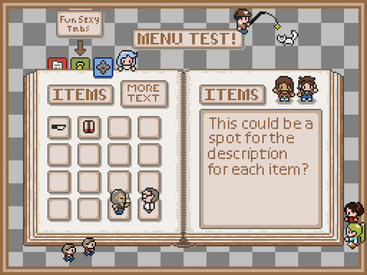 LoamBrownGames's tweet photo. Took a break to just relax and focus on some side stuff. Here's an idea for the menu. I'm not sure what the menu might need! But I kinda like the classic book idea. What do ya'll think? Any other idea's? Also, happy Monday!

#pixelart #indiedev #indiegame https://t.co/bUeuaJoQHL