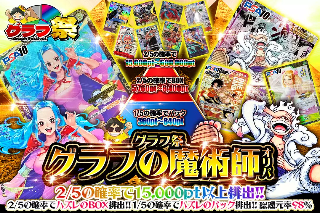 📊グラフ祭📊

🦯総還元率98％!!
🦯2/5の確率で15,000pt以上排出!!

📊グラフの魔術師オリパ📊
販売開始(bit.ly/4g5hRA5)

フォロー&amp;RP&amp;いいねで
1名様に2,000ptプレゼント🎁
〆切 24時

#DOPAオリパ #ワンピカード