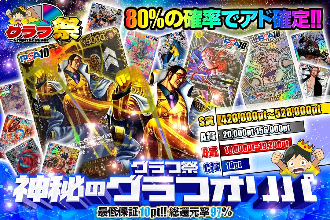 📊グラフ祭📊

✨総還元率97％!!
✨80%の確率でアド確定!! 

📊神秘のグラフオリパ📊
販売開始(bit.ly/4g5hRA5)

フォロー&amp;RP&amp;いいねで
1名様に2,000ptプレゼント🎁
〆切 24時

#DOPAオリパ #ワンピカード