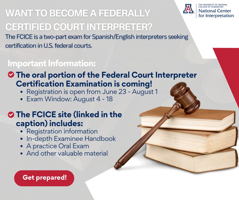 Ready to become a Federally Certified Court Interpreter? The FCICE is a two-part exam for Spanish/English interpreters seeking certification for U.S. federal courts. The oral portion of the exam is coming up!

Visit the FCICE site for important details: prometric.com/exams/aousc