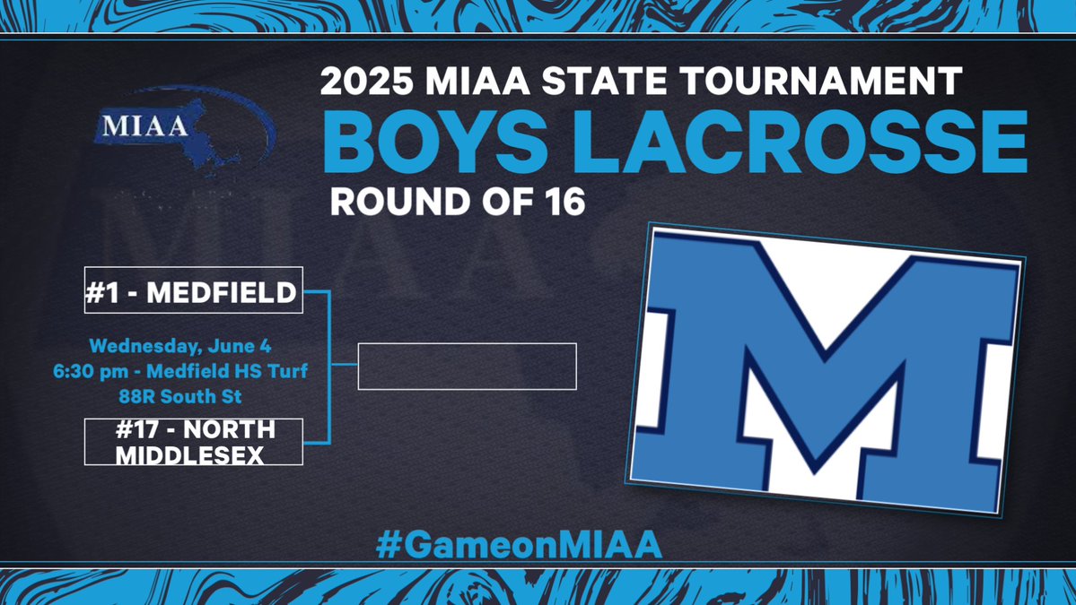 Medfield Athletics (@medfieldad) on Twitter photo D3 <a href="/MIAA033/">MIAA</a> Boys Lacrosse 🥍 Rd of 16:
<a href="/Med_Lax/">Medfield HS Lacrosse</a> (#1) vs. <a href="/NMAthleticsAD/">North Middlesex Athletics</a> (#17)
📅 - Wed(6/4)
🕡 - 6:30pm
📍 - MHS Turf
🎟️ - GoFan.Co (only)
<a href="/coachmace/">Michael Mason</a> <a href="/TVLSportsMa/">TVL Sports Updates</a> <a href="/HometownWeekly/">Hometown Weekly</a> <a href="/MetroWestSports/">Daily News Sports</a> <a href="/GlobeSchools/">Boston Globe Schools</a> <a href="/BostonHeraldHS/">Danny Ventura</a> <a href="/BConn63/">Brendan Connelly</a> <a href="/TrevorHass/">Trevor Hass</a> D3 <a href="/MIAA033/">MIAA</a> Boys Lacrosse 🥍 Rd of 16:
<a href="/Med_Lax/">Medfield HS Lacrosse</a> (#1) vs. <a href="/NMAthleticsAD/">North Middlesex Athletics</a> (#17)
📅 - Wed(6/4)
🕡 - 6:30pm
📍 - MHS Turf
🎟️ - GoFan.Co (only)
<a href="/coachmace/">Michael Mason</a> <a href="/TVLSportsMa/">TVL Sports Updates</a> <a href="/HometownWeekly/">Hometown Weekly</a> <a href="/MetroWestSports/">Daily News Sports</a> <a href="/GlobeSchools/">Boston Globe Schools</a> <a href="/BostonHeraldHS/">Danny Ventura</a> <a href="/BConn63/">Brendan Connelly</a> <a href="/TrevorHass/">Trevor Hass</a>