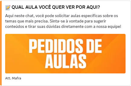 🚨Você pede a aula que quer, a Mafra Class em algumas semanas entrega.

Novidade com 1 dia de grupo.

❗️Link de Acesso a Mafra Class: discord.gg/tr4u5pykeh