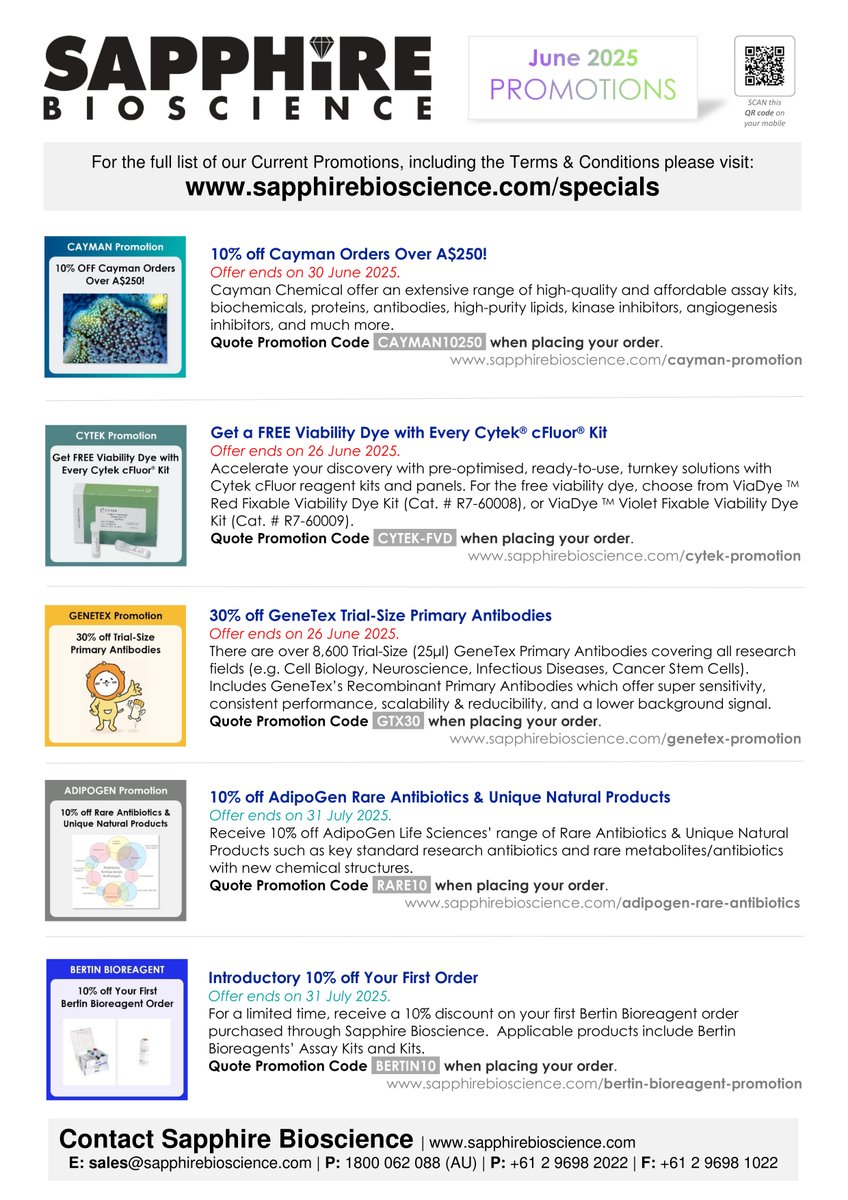 Sapphire Bioscience's June 2025 promotions flyer is now available! Download your copy today!
sapphirebioscience.com/page/959