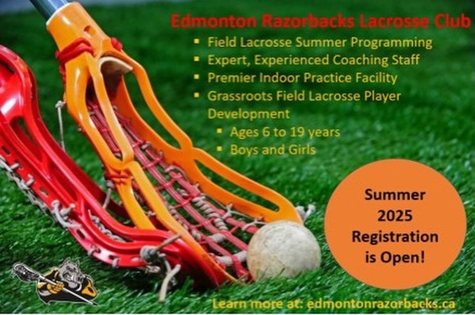 EdmontonRazorb1's tweet photo. Let’s play some field lacrosse!  All players in the metro-Edmonton area (including Fort Saskatchewan, Sherwood Park, Beaumont, Leduc, Devon, Parkland County, St. Albert and Edmonton can register directly with our club!  Come and play Razorbacks Lacrosse this summer! https://t.co/2B8uE7ugFn