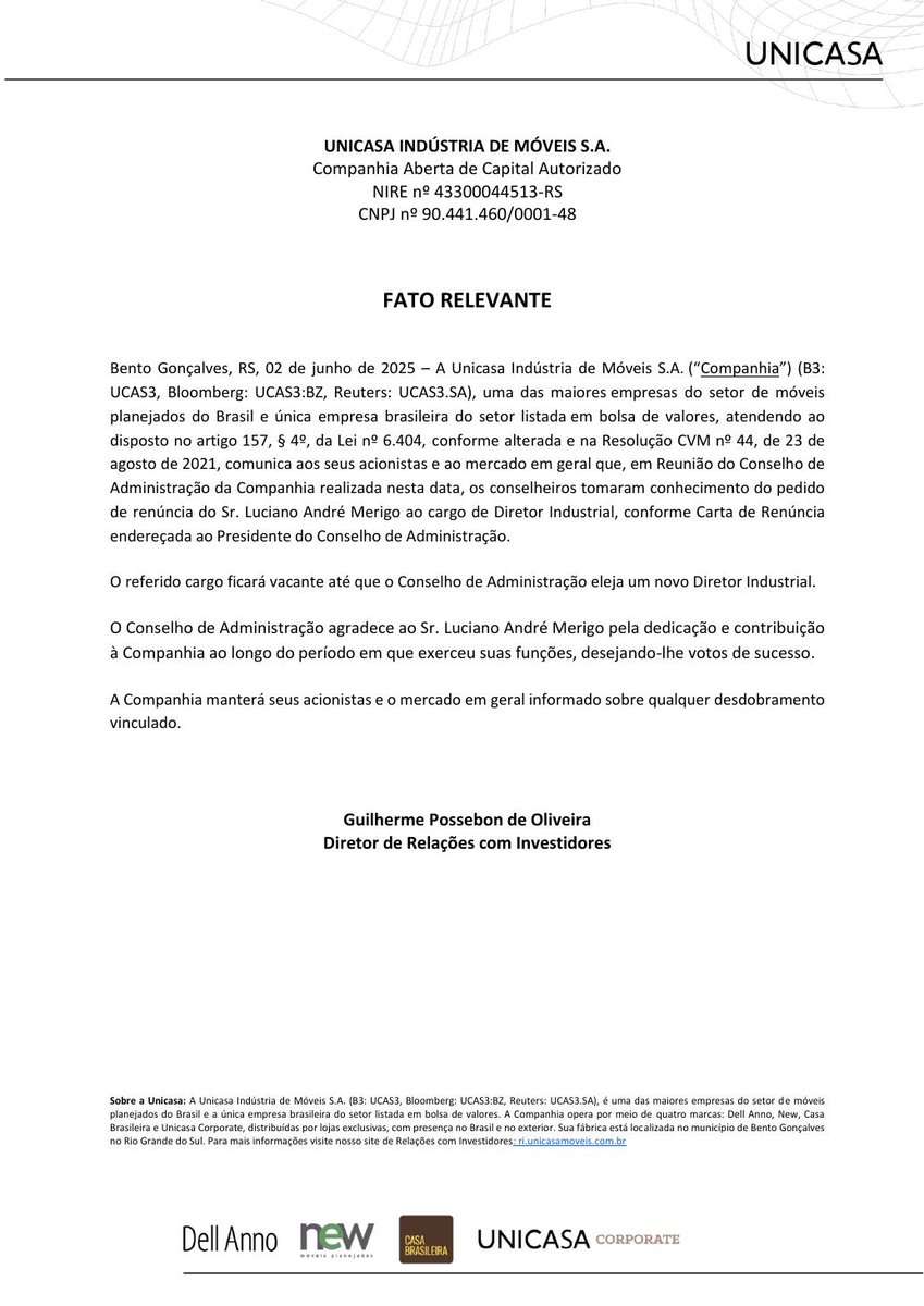 AvisosDaBolsa's tweet photo. UNICASA INDÚSTRIA DE MÓVEIS S.A. - Renúncia do Diretor Industrial #UCAS3 https://t.co/QAyxaXg1AQ