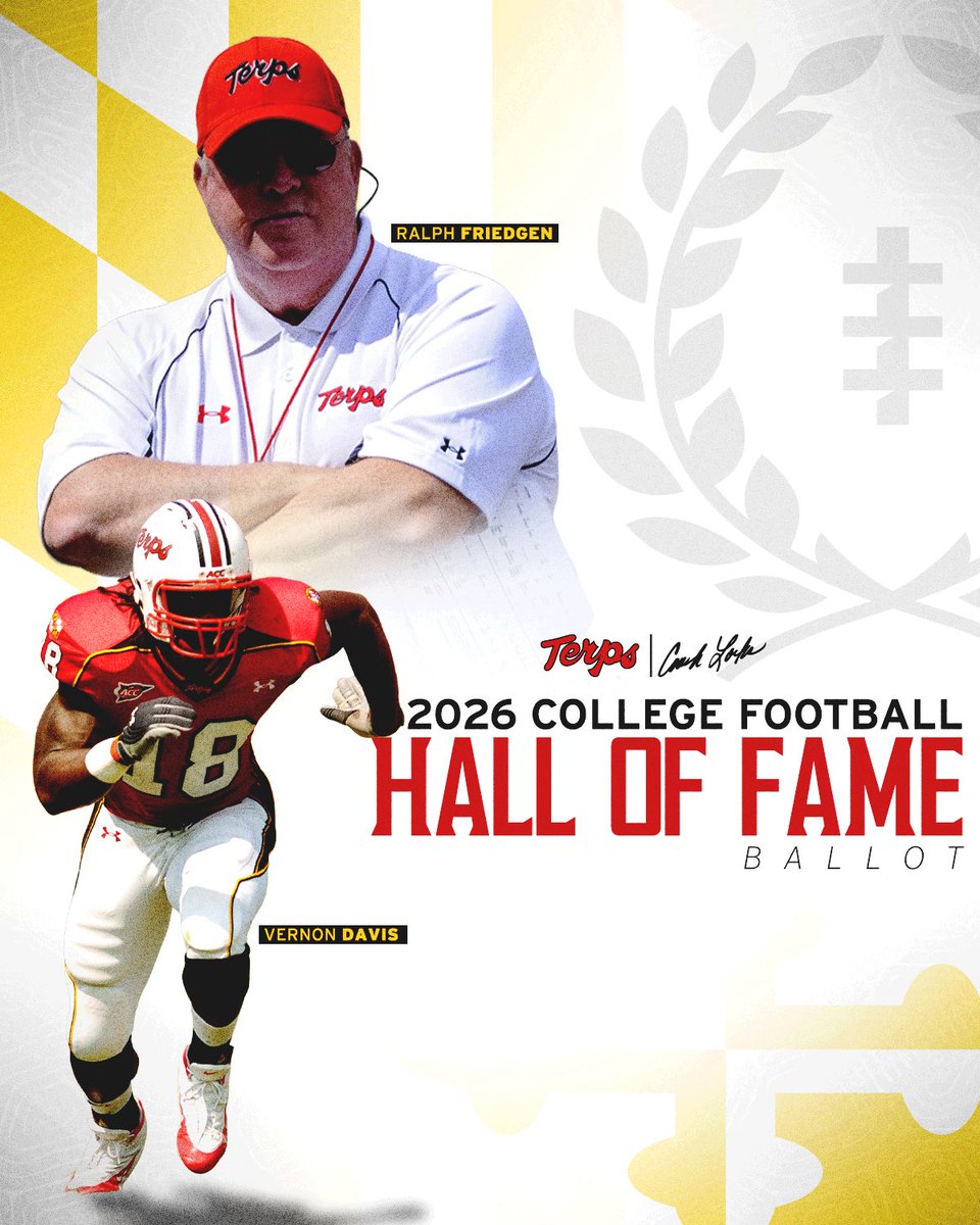 Maryland Football (@terpsfootball) on Twitter photo 2️⃣ Terps on the ballot 🗳️
Ralph Friedgen & Vernon Davis have been nominated to the @nffnetwork 2026 College Football Hall of Fame.
📰 go.umd.edu/1zso 2️⃣ Terps on the ballot 🗳️
Ralph Friedgen & Vernon Davis have been nominated to the @nffnetwork 2026 College Football Hall of Fame.
📰 go.umd.edu/1zso