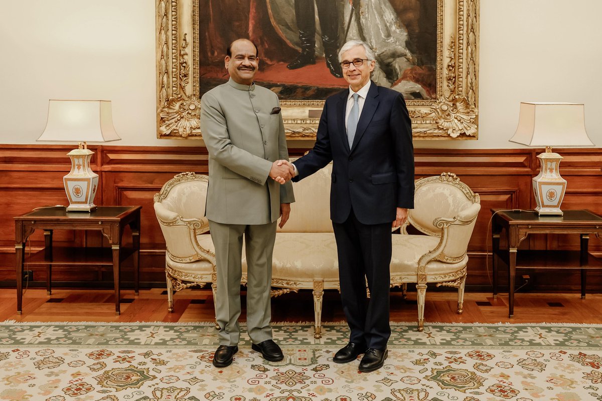 loksabhaspeaker's tweet photo. Lok Sabha Speaker Shri @ombirlakota had a productive meeting with H.E. Mr. José Pedro Aguiar-Branco, President of the Assembleia da República of Portugal, in Lisbon today. He highlighted the imperative of strengthening bilateral ties in light of evolving global challenges. The two leaders identified significant potential for collaboration in critical sectors such as renewable energy, digital technology, and defence manufacturing. Shri Birla shared insights on how India is leveraging technology, including AI, for transparent, efficient, and people-centric legislative processes. He extended an invitation to Portuguese legislators and officials to benefit from @LokSabha_PRIDE programmes for capacity building. Shri Birla also firmly reiterated India’s ‘Zero Tolerance’ stance on terrorism and called upon all nations to unite in this crucial fight.  
@IndiainPortugal