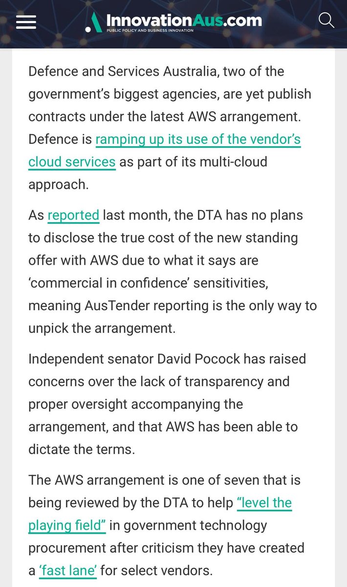 It’s now clear that this whole-of-govt contract is going to run into the hundreds of millions of taxpayer $$

It’s completely unacceptable that Amazon Web Services has said the 🇦🇺 Govt can not publish the total contract value 🤯

When will our leaders stand up to big tech??