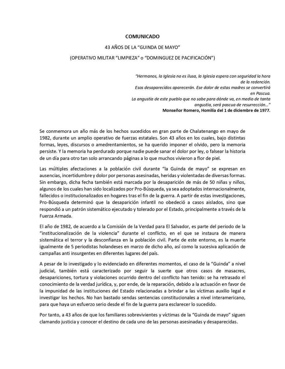 _elfaro_'s tweet photo. Hoy se cumplen 43 años del operativo militar conocido como "Guinda de Mayo", ocurrido en Chalatenango en 1982. Durante esa fecha, según @ProbusquedaSV, también ocurrió la desaparición de más de 50 niñas y niños. 

La organización hizo un llamado al Estado a garantizar el derecho a la verdad y a la justicia para las familias de las víctimas desaparecidas durante estos eventos. 🧵