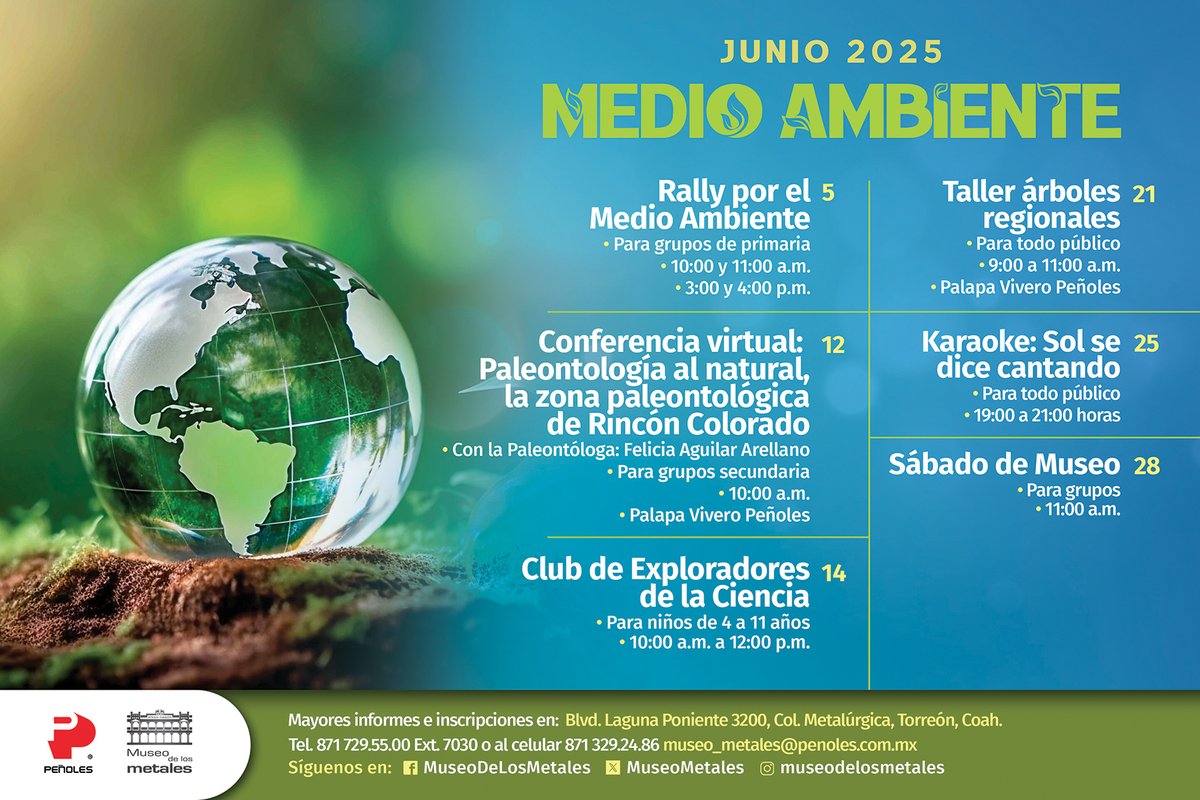 🌍 ¡Junio se viste de verde en el Museo de los Metales! 🌱
Celebramos el cuidado del planeta con talleres, charlas y actividades para chicos y grandes.
📌Revisa la programación, elige tu favorita y súmate a la acción

 #MedioAmbiente #CulturaSostenible #EducaciónAmbiental