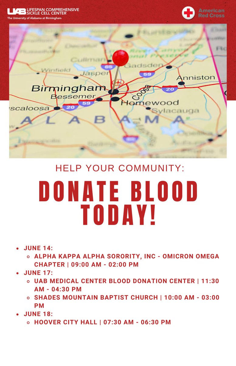 Saving lives starts with you. Check out these upcoming blood drives in Birmingham, Alabama, over the next week. #DonateNow #SickleCell