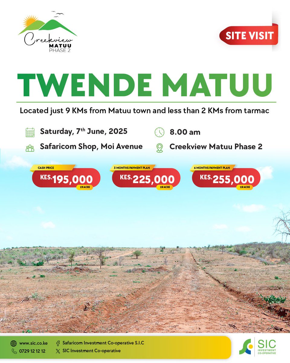 sicinvestment's tweet image. The much much inquired about site visit is here...🥳
On 7/6/2025, all roads lead to Creekview Matuu.

To book your seat/s or parcel/s contact us on 0729121212, info@sic.co.ke or via out social media platforms to learn more.

#sitevisit #matuu #landforsale #SIC #FutureIkoShwari