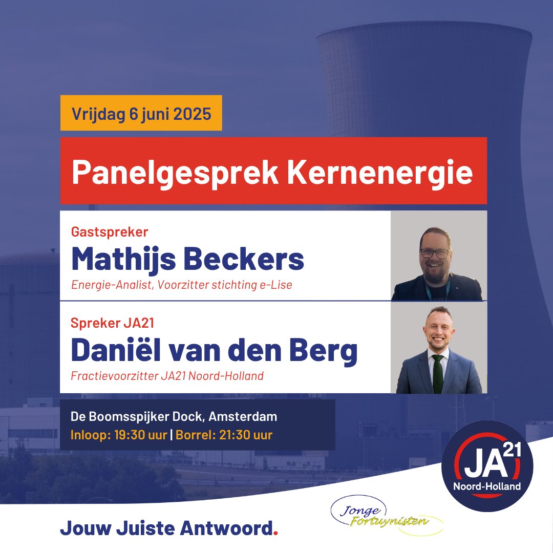 Op vrijdag 6 juni organiseert #JA21 Noord-Holland in samenwerking met de Jonge Fortuynisten een panelgesprek over #kernenergie ☢️ . Wordt dat onze toekomstige #energiebron? Hoe kunnen we kernenergie verstandig inzetten? meld je snel aan via de link in bio om er achter te komen!