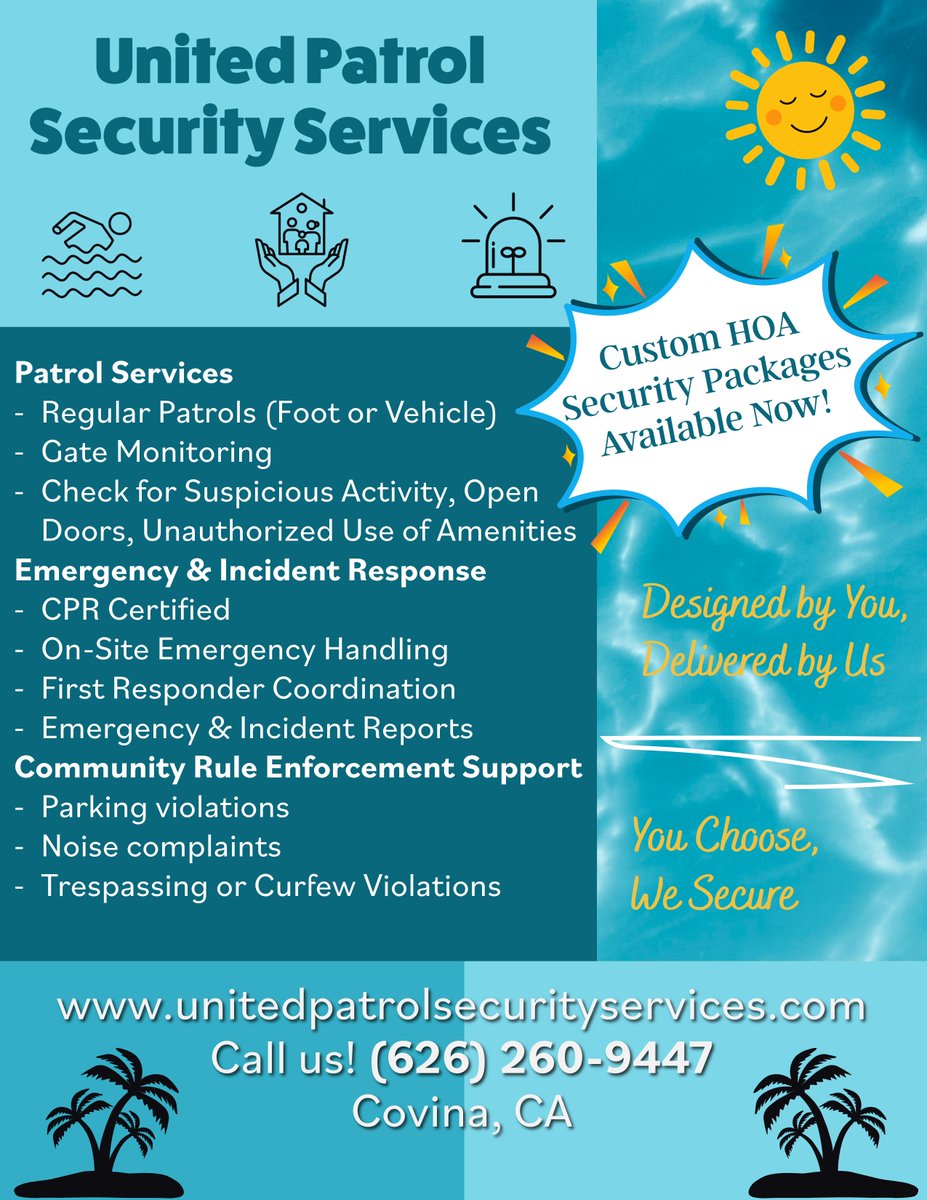 Unitedpatrolsec's tweet image. 🏡 Calling all HOA Managers!
Need reliable pool patrols, noise control, or gate monitoring this summer?
✅ We customize our security packages based on your community’s needs.
Let’s talk: (626) 260-9447
#HOAManagement #SecurityThatWorks #CovinaCA