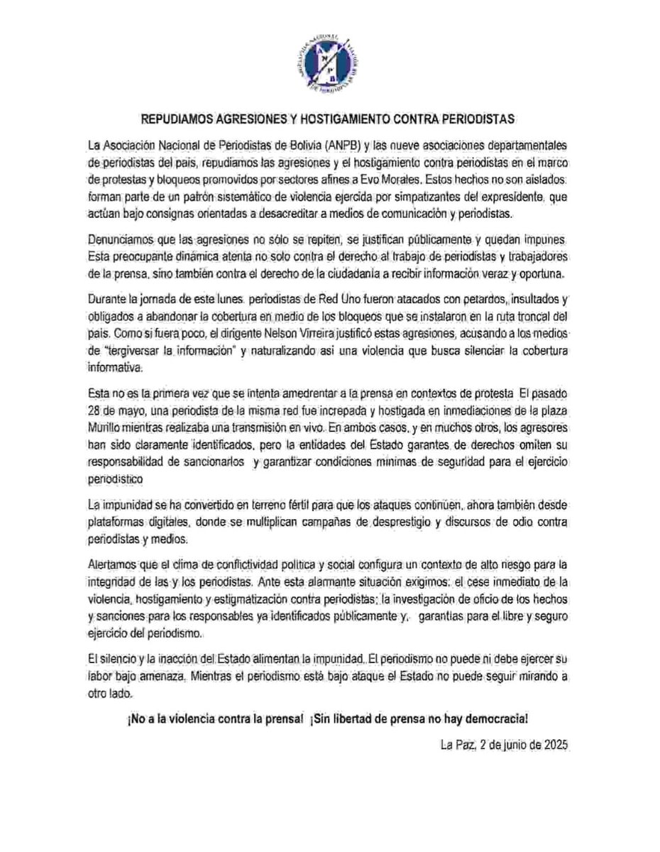 📢 REPUDIO TOTAL | La ANPB y las asociaciones departamentales condenamos las agresiones contra periodistas durante protestas promovidas por sectores afines a Evo Morales. Esta violencia sistemática busca silenciar la cobertura informativa. ¡No lo permitiremos!
#LibertadDePrensa