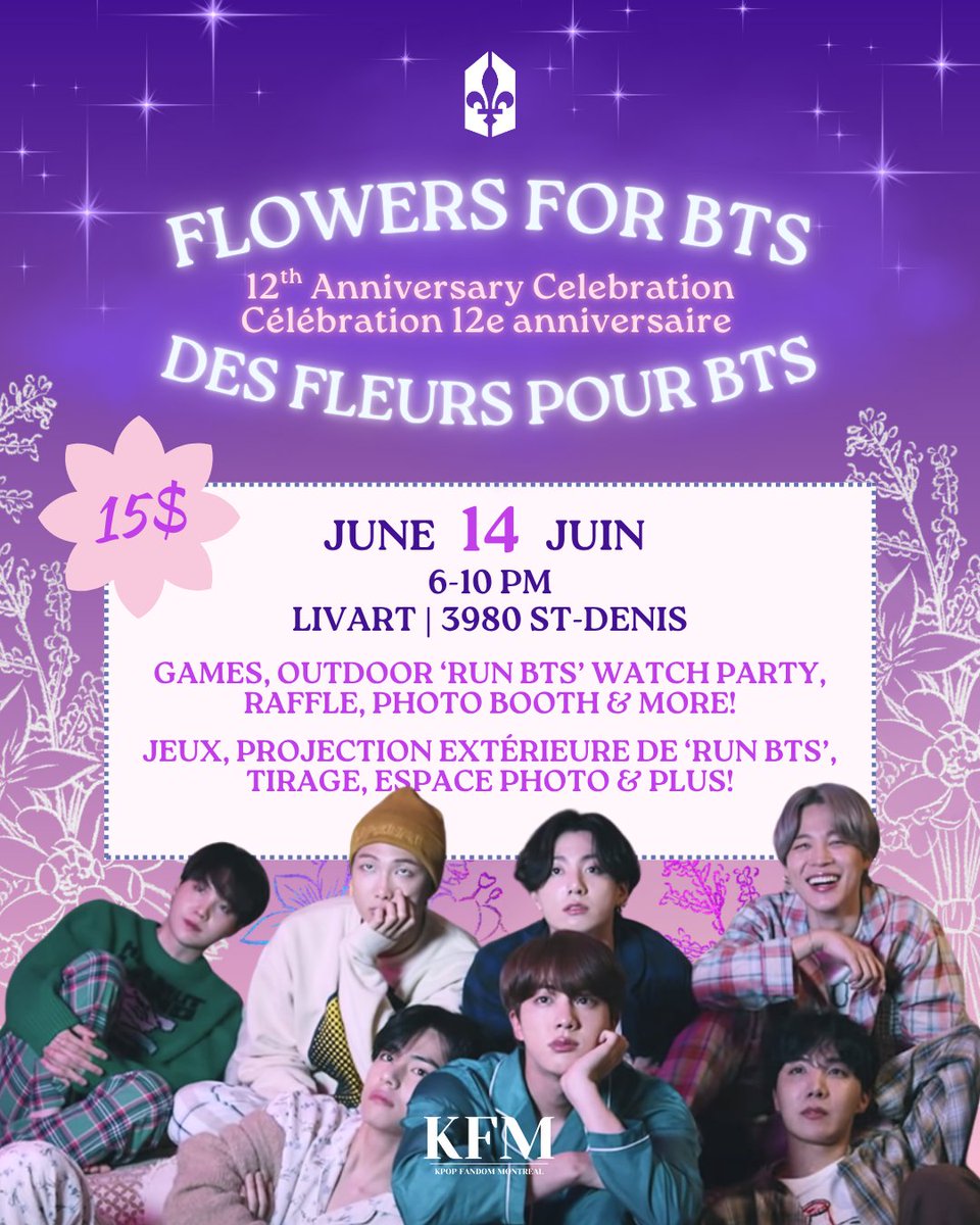 #BTSARMY! 💜
Join us on Saturday June 14 for an unforgettable evening as we celebrate 12 years with BTS!
Rendez-vous le samedi 14 juin pour une soirée inoubliable où nous célébrerons les 12 ans de BTS!

 🎟️ → square.link/u/aWYxmGNH
#2025BTSFESTA #BTSMontreal #MapleARMY