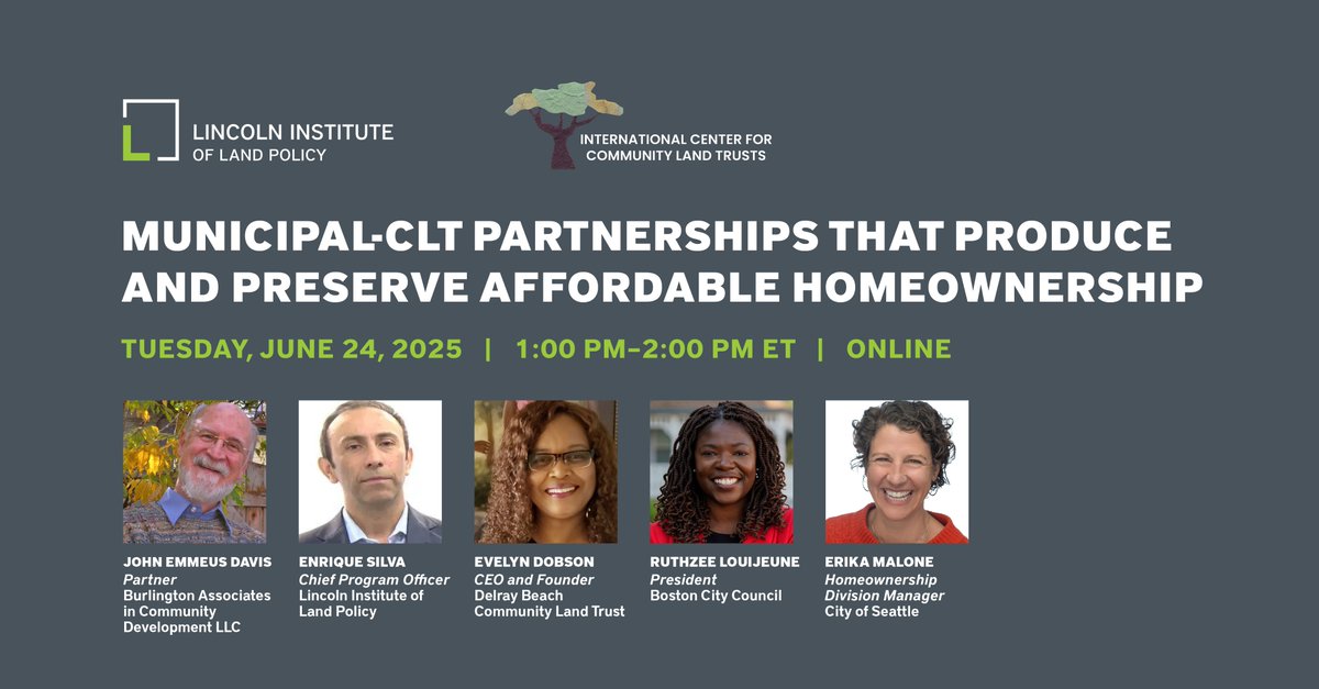 On June 24 at 1 p.m. ET, the Lincoln Institute and @center4clts are co-hosting a webinar to discuss how city and county governments can partner with Community Land Trusts (CLTs) to make their investments in affordable housing do more and last longer.