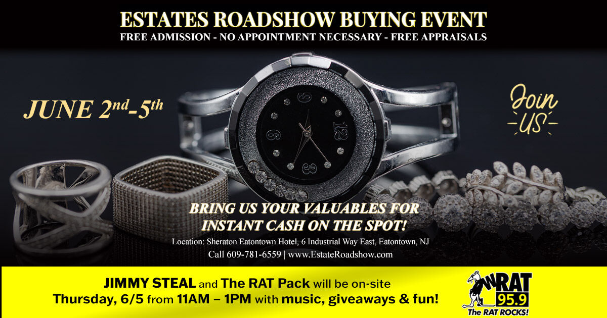 #ad Come to the Sheraton Eatontown Hotel for the Estates Roadshow Buying Event on 6/2-6/5 from 9 am to 5 pm! Jimmy Steal &amp; The Rat Pack will be there on 6/5 from 11 am to 1 pm. Sponsored by TMT Cash for Gold. bit.ly/45frjij #cashforgold
