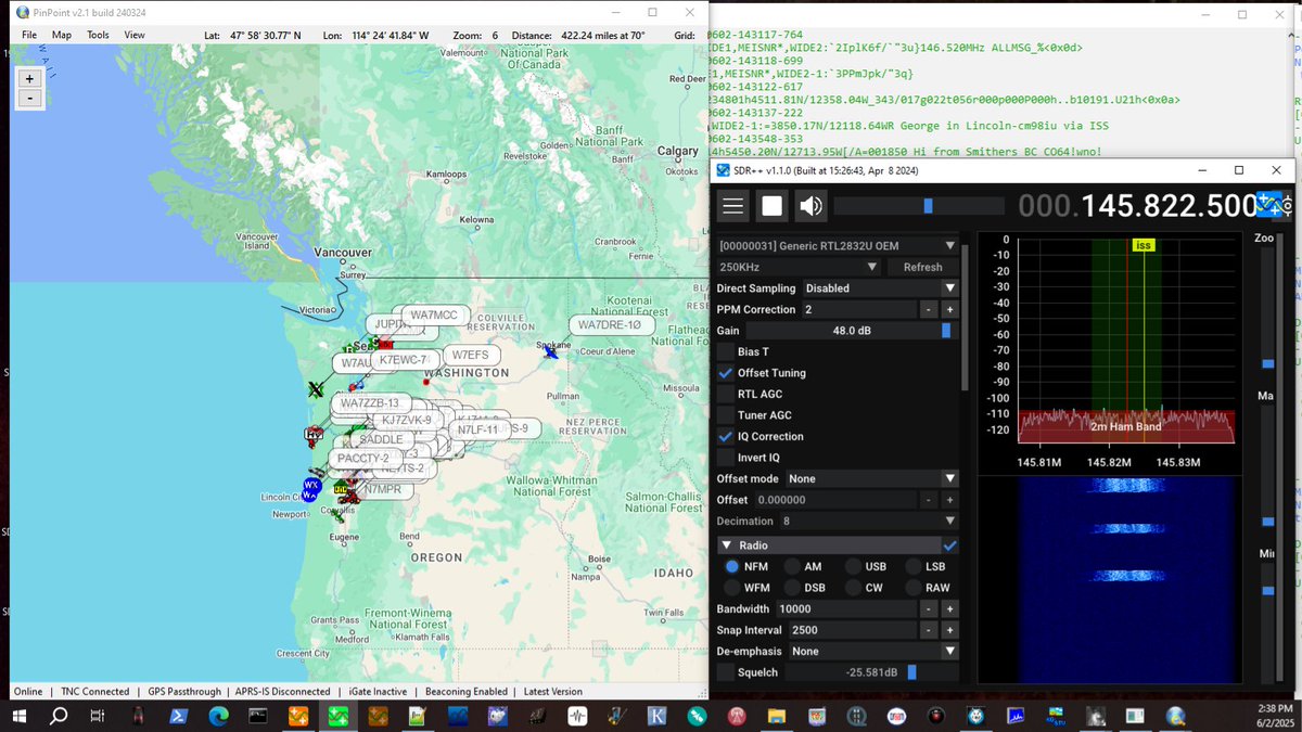 #HamRadio #DX #AmateurRadio <a href="/ARISS_Intl/">ARISS - Amateur Radio on the ISS</a> #APRS <a href="/Nooelec/">Nooelec</a> v5 #SDRpp #Direwolf #PinPoint diy #V_Dipole 14:35 PDT pass over CN85