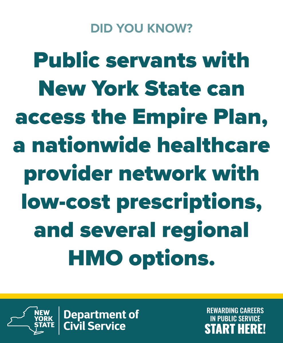The benefits at NYS are unmatched. 

✔️ Learn more about benefits: cs.ny.gov/extdocs/pdf/ny…

✔️ Check out open jobs with New York State: statejobs.ny.gov

#StateJobs #HealthCareBenefits