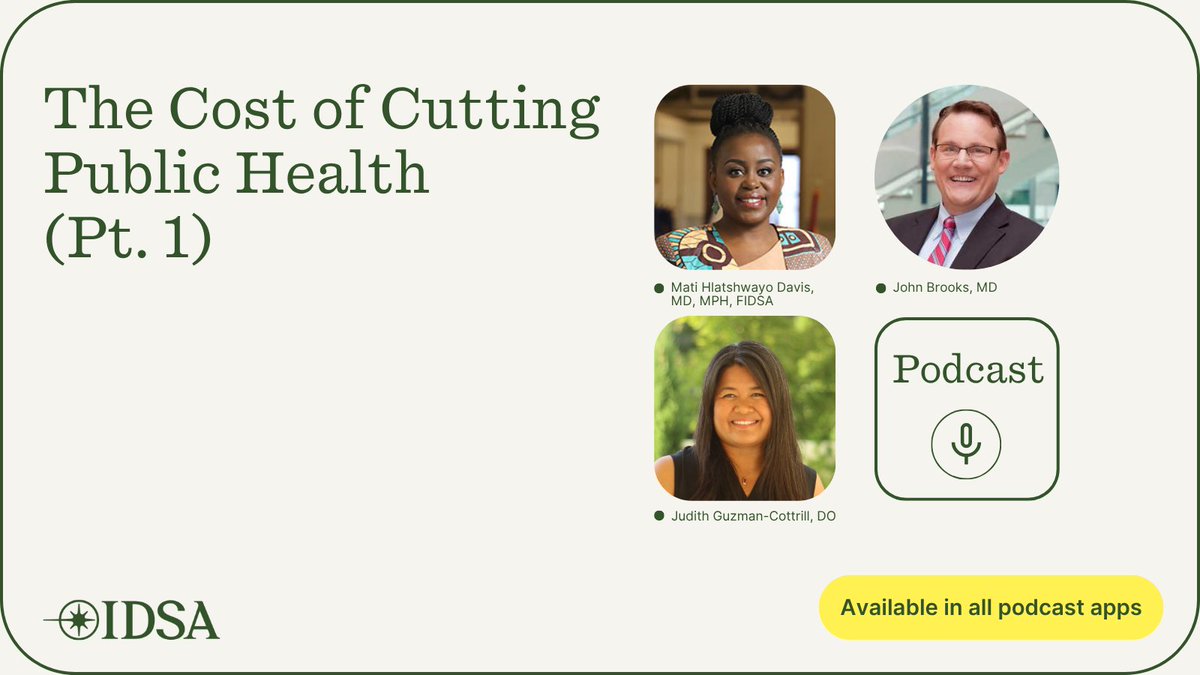 IDSA (@idsainfo) on Twitter photo New two-part #LetsTalkID series! From dismantled community partnerships to stalled clinical trials, Drs. Judy Guzman-Cottrill, John Brooks & <a href="/MatiH_ID/">Mati Hlatshwayo Davis, MD, MPH, FIDSA</a> explore the impact of federal public health funding cuts.
Ep. 1 is out now. Search "Let's Talk ID" in your favorite podcast app. New two-part #LetsTalkID series! From dismantled community partnerships to stalled clinical trials, Drs. Judy Guzman-Cottrill, John Brooks & <a href="/MatiH_ID/">Mati Hlatshwayo Davis, MD, MPH, FIDSA</a> explore the impact of federal public health funding cuts.
Ep. 1 is out now. Search "Let's Talk ID" in your favorite podcast app.