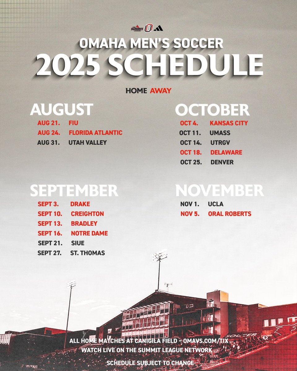 🗓️ | Mark your calendars, the 2025 #Omaha men’s soccer schedule is here🤘

▶️ Road fixtures at Creighton, FIU, Florida Atlantic and Notre Dame

▶️ UCLA visits Caniglia Field

▶️ <a href="/TheSummitLeague/">The Summit League</a> play begins Sept. 27

#GoMavs