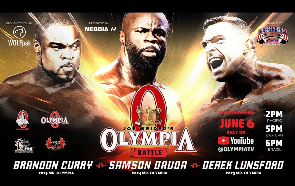 Olympia Battle is upon us with the greatest Mr Olympia gathering in one gym. 2024 Mr Olympia Samson Dauda, 2023 Mr Olympia Derek Lunsford and 2019 Mr Olympia Brandon Curry face off at Independence Gym in Scottsdale for an epic workout. This event is brought to by Wolfpak and
