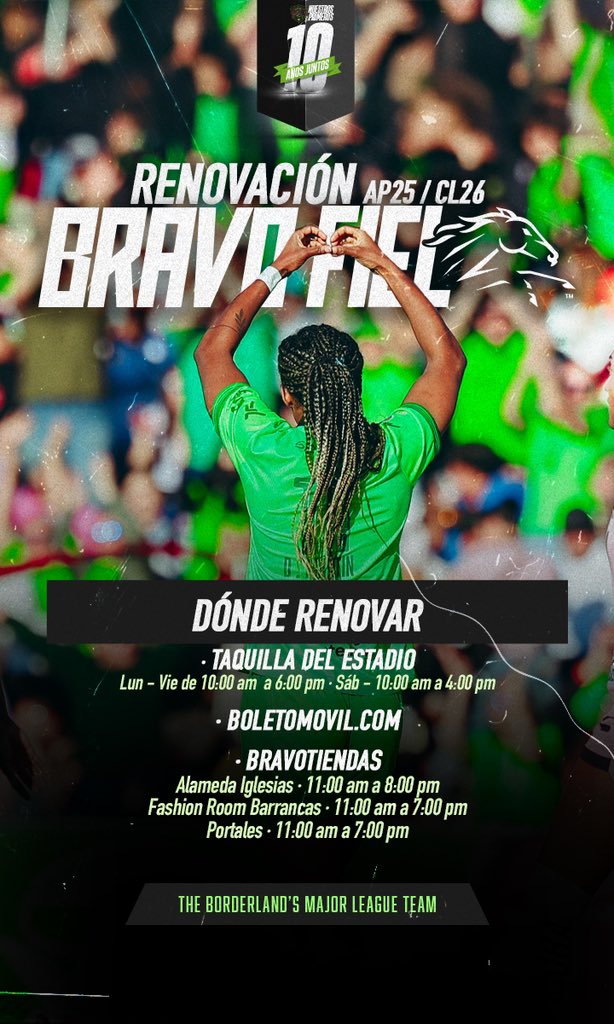 FC Juárez Femenil 🛸 (@femenilfcjuarez) on Twitter photo ¿Qué esperas para renovar tu Bravofiel? 🐎💳
Acude a nuestras sucursales de Bravotienda🛍️, taquillas del estadio 🏟️ o a través de <a href="/boletomovil/">Boletomóvil</a>
Obtén el privilegio de estar y seguir formando parte de nuestra historia💚💫 ¿Qué esperas para renovar tu Bravofiel? 🐎💳
Acude a nuestras sucursales de Bravotienda🛍️, taquillas del estadio 🏟️ o a través de <a href="/boletomovil/">Boletomóvil</a>
Obtén el privilegio de estar y seguir formando parte de nuestra historia💚💫