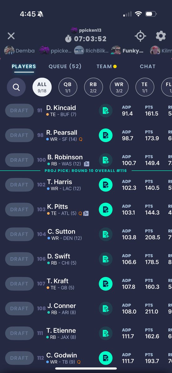 FunkyJankets's tweet image. Full PPR Superflex TE premium dynasty startup draft.
Team so far:
QB: Young
RB: Bijan
RB: Gibbs
WR: Wilson
WR: Waddle
TE: Bowers
FLX: Jeudy
SF: ARich
Bench: Egbuka
Only notable QBs left are Milroe, Shough, Sanders, Russ, Danny Dimes, and Aaron Rodgers.
Who you taking here?