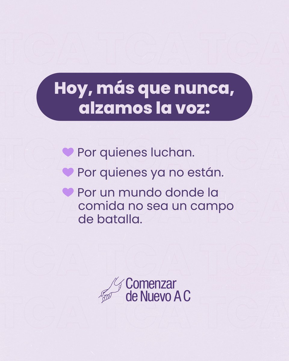 💜Día Mundial de Acción por los Trastornos de la Conducta Alimentaria.

Los TCA no son una etapa ni una elección. Son enfermedades mentales complejas que afectan la vida de millones de personas en silencio.    

#ComenzardeNuevo #WorldEatingDisordersDay #TCA